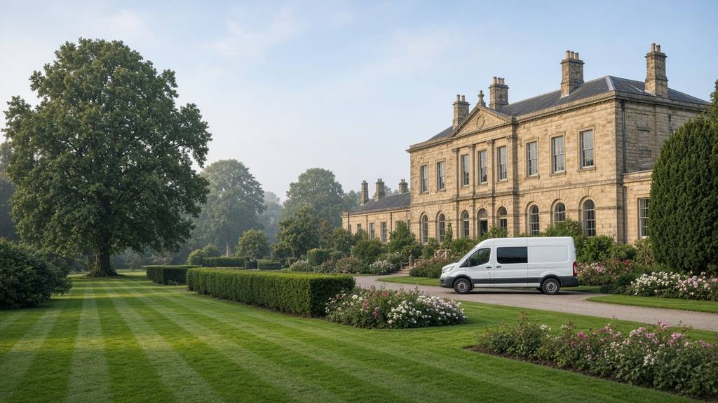 A well-kept public park in front of a stone civic building, with striped lawns, trimmed hedges and a plain white maintenance van on the path.